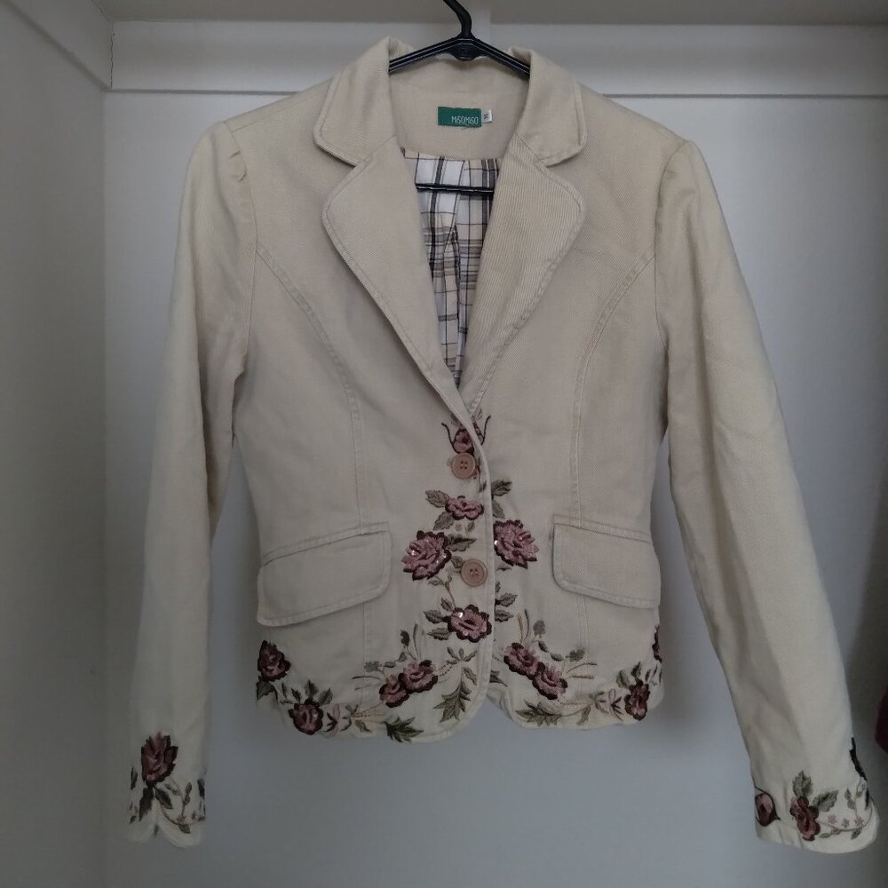Vintage Y2K Misomiso Beige Blazer Jacket with Embroidered Flowers and Sequins